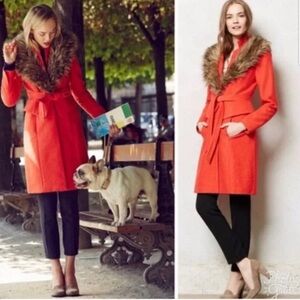 Anthropologie by Tracy Reese Vibrant Orange Wool Coat with Fur Trim